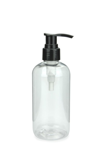 PET Flasche AIDA 250 ml Standard klar mit Seifenpumpe schwarz, 24/410 glatt
